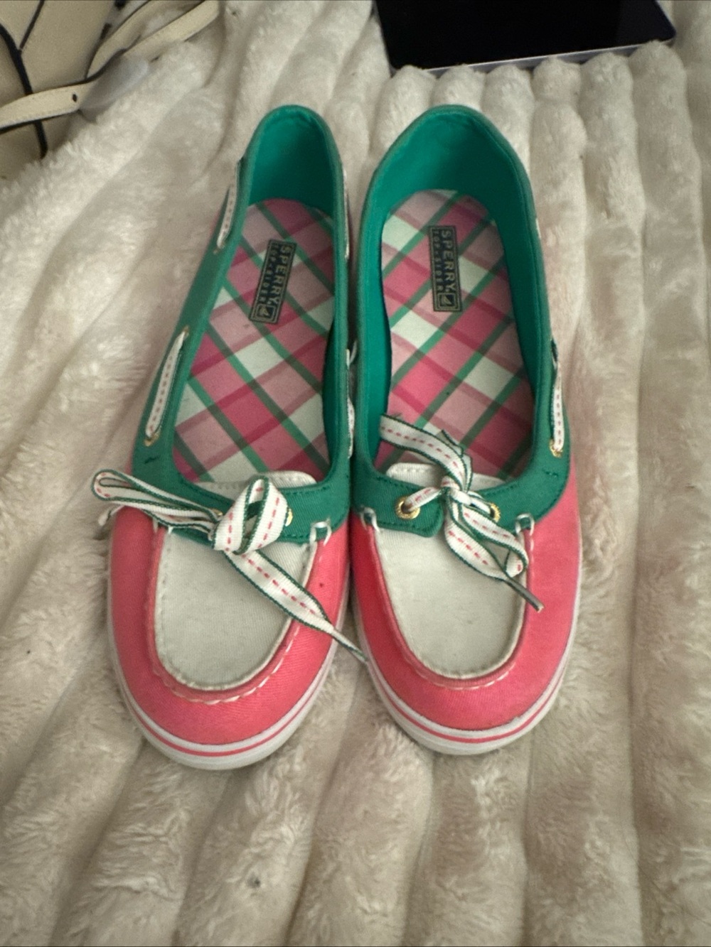 Sperry Top-Sider Bahama Boat Shoes Womens 9 M Pink Green Plaid Canvas